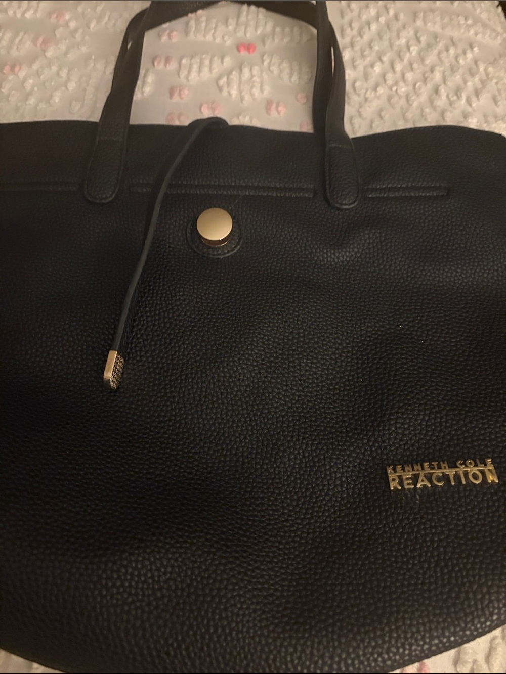 Kenneth Cole Reaction Black Pebbled Leather Tote with Gold Accents